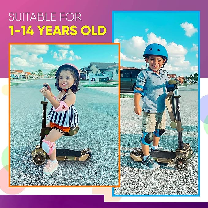 Hurtle 3-Wheeled Scooter for Kids - Wheel LED Lights, Adjustable Lean-to-Steer Handlebar, and Foldable Seat - Sit or Stand Ride with Brake for Boys and Girls Ages 1-14 Years Old