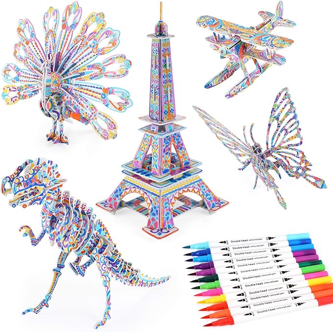 3D Coloring Puzzle Set, Arts and Crafts for Girls and Boys Age 6 7 8 9 10 11 12 Year Old, Fun Educational Painting Crafts Kit with Supplies for Kids, Birthday Toy Gift for Kids