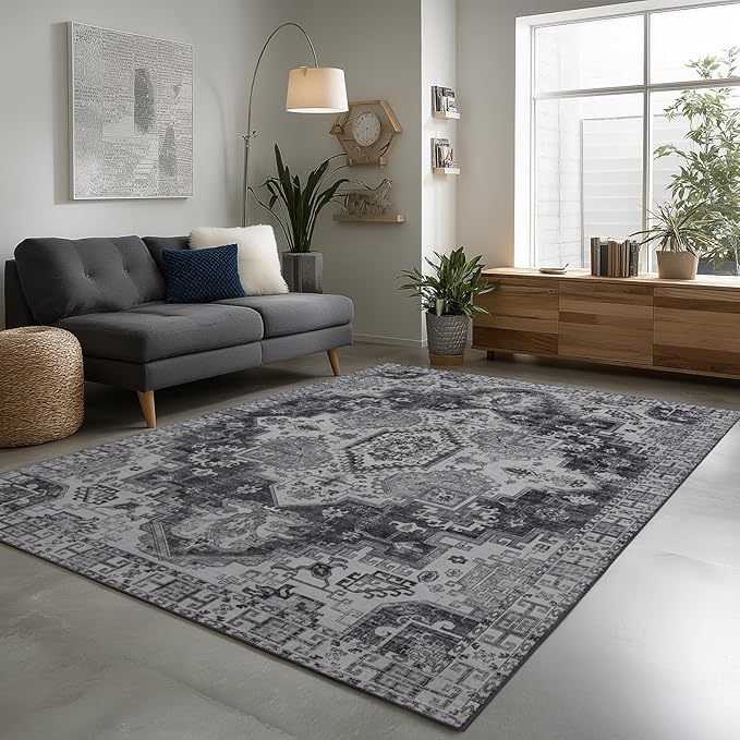 9x12 Area Rug Living Room Rugs, Stain Resistant Washable Rug, Vintage Large Non-Slip Backing, Low Pile Lightweight Print Rug for Bedroom Dinning Room Home Office (Medium Gray)