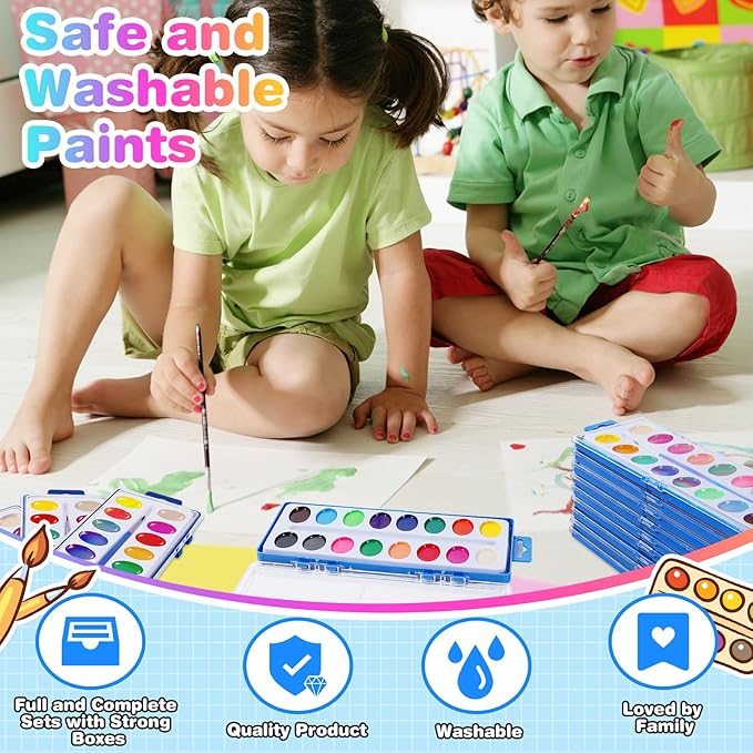 15 Pack Watercolor Paint Set for Kids, 16 Colors Washable Water Colors with Paint Brushes, Washable for Classroom Party Favor Art Activities