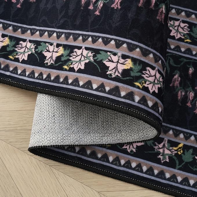 5x7 Area Rugs Impressionist-Style Vintage Washable Area Rug Non Slip Low Pile Large Rugs for Living Room Bedroom Farmhouse Dining Room Kids Playroom, Black