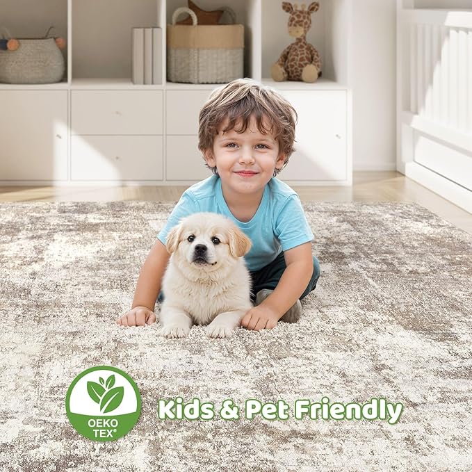 6x9 Area Rugs Living Room: Washable Large Abstract Soft Rug Stain Resistant Indoor Floor Non-Slip Accent Carpet for Women Modern Home Enthusiasts Aged 25-45 - Bedroom Nursery Playroom- Beige Brown