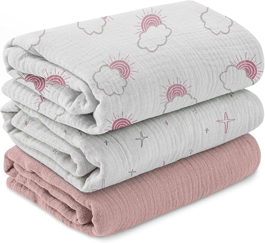 Muslin Swaddle Blankets for Newborn, 3 Pack Breathable Soft Receiving Blanket, Large 38 x 40 inches Swaddle Wrap Burping Clothes Diapers, Essentials Infant Shower Items, Toddler Gift (Clouds & Stars)