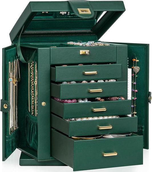 AKOZLIN 360° Rotating Jewelry Box 6-Tier Organizer Functional Jewelry Storage Case for Women Girls Ring Necklace Earring Bracelet Holder with Mirror