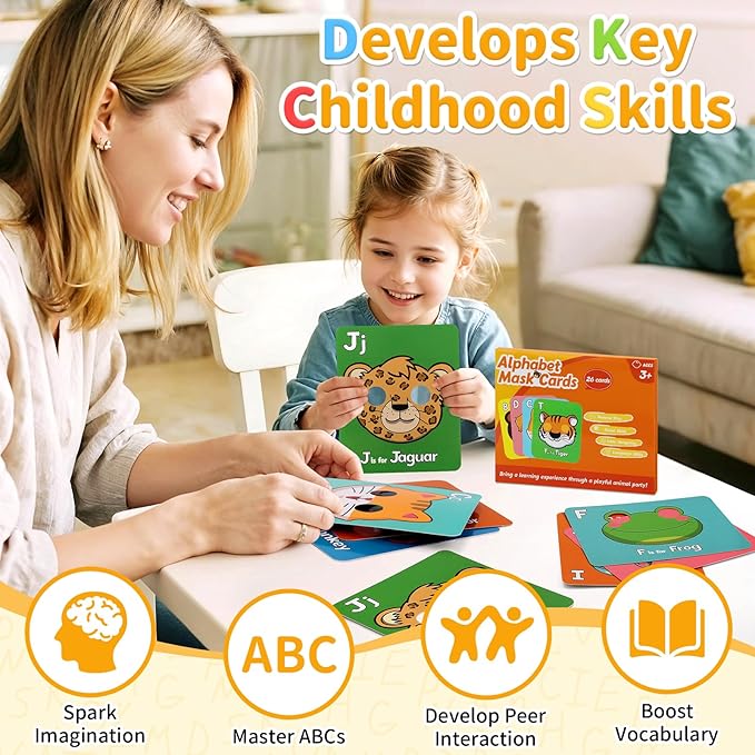 26 PCS Alphabet Mask Cards, Colorful Alphabet ABC Flash Cards with Animal Mask, Giant Letter ABC Animal Faces Flash Learning Flashcards
