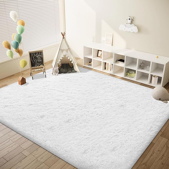 8x10 Area Rug for Living Room: Fluffy Shag Soft Washable Rugs Large Fuzzy Plush Indoor Carpet for Bedroom Nursery Playroom Kids Girls Boys Room (White, 8'x10')