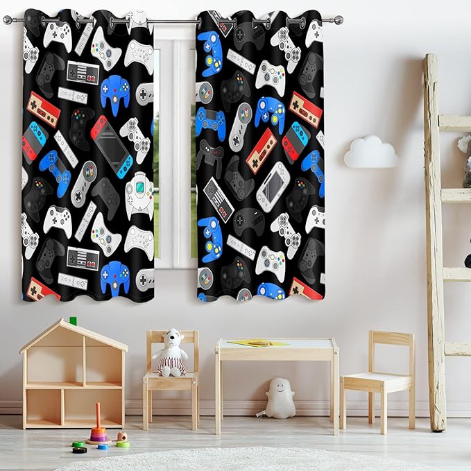 Jekeno Game Controller Blackout Curtains for Kids Boys Teens Bedroom Colorful Video Game Gamer Gaming Gamepad Decor for Home Living Room Grommet Window Drapes 2 Panel Set, 42"x84"