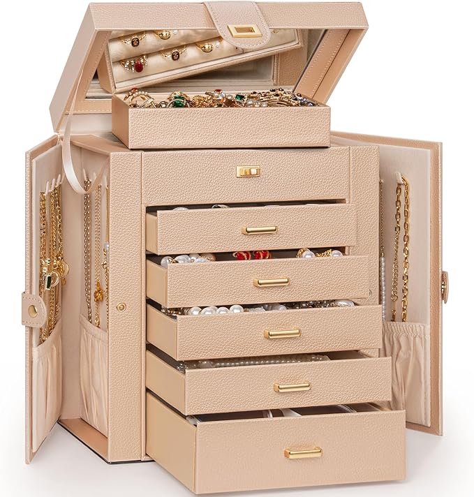 AKOZLIN 6-Tier Jewelry Box Organizer Functional 5 Drawers Leather Jewelry Storage Case for Women Girls Ring Necklace Earring Bracelet Holder Organizer with Mirror Champagne