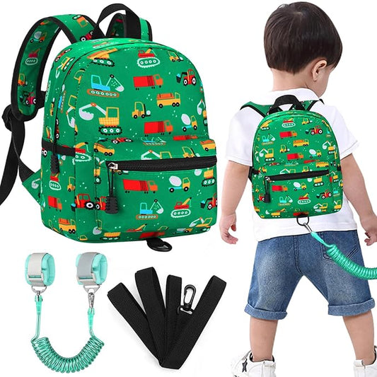 Accmor Toddler Backpack with Leash, Cute Baby Backpack with Anti Lost Wrist Link, Mini Kids Backpack Leash Walking Harness for Travel, Small Excavator Backpack Tether for Boys Girls Ages 1-3 (Green)