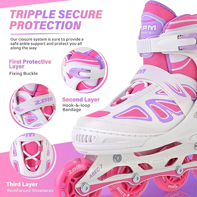 2PM SPORTS Vinal Girls Adjustable Flashing Inline Skates, All Wheels Light Up, Fun Illuminating Skates for Kids Men Adult Women and Boys