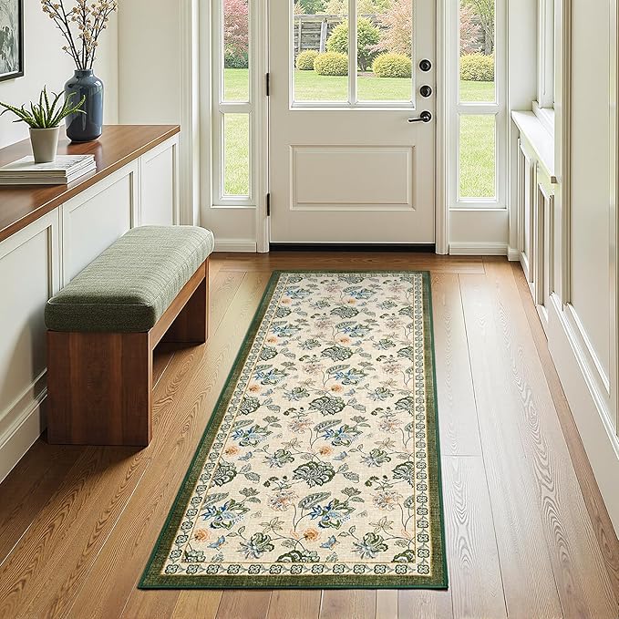 jinchan 2x5 Floral Runner Rug for Hallway Washable Kitchen Runner Vintage Romance Design Non Slip Thin Indoor Floor Cover Low-Profile Throw Carpet for Entryway Bathroom Bedroom Porch, Green/Beige