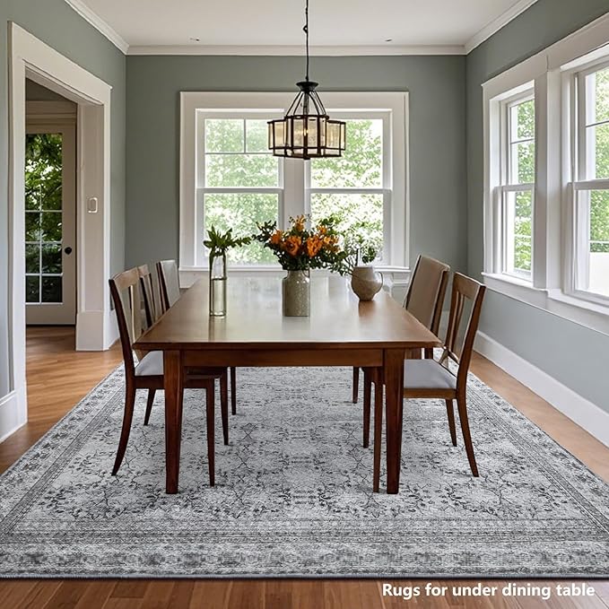 6x9 Washable Area Rug Non Slip, Faded Grey Living Room Rugs Low Pile, Thin Vintage Floral Carpets, Indoor Large Distressed Print Carpet for Bedroom Dining Room Farmhouse Home Office College Dorm