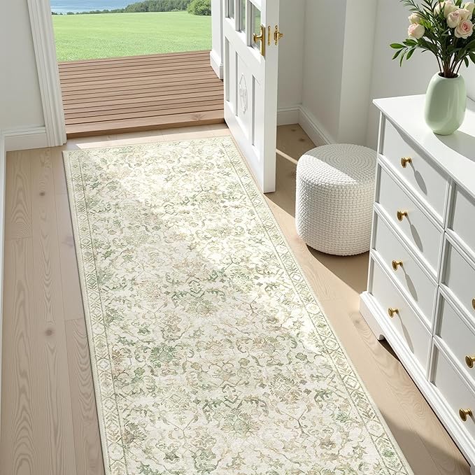 Green 2x6 Runner Rug for Hallways Bed Side Kitchen, Boho Washable Distressed Low-Pile Floor Entryway Long Bathroom Mat, Non-Slip Laundry Room Washstand Front Carpet Green 24x72 Inch