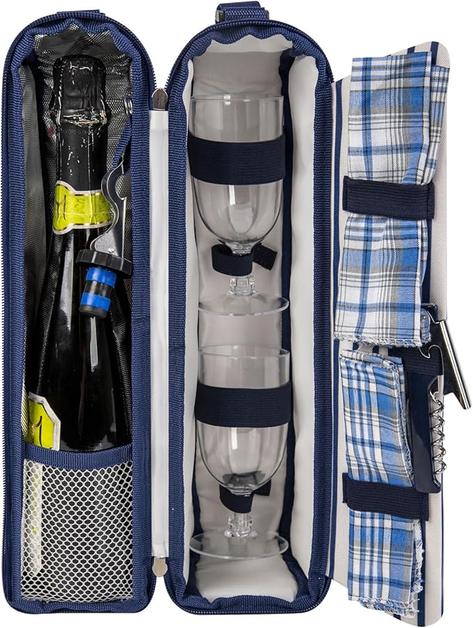 ALLCAMP Wine Tote Bag with Cooler Compartment，Picnic Set Carrying Two Sets of Tableware（Blue Stripe）