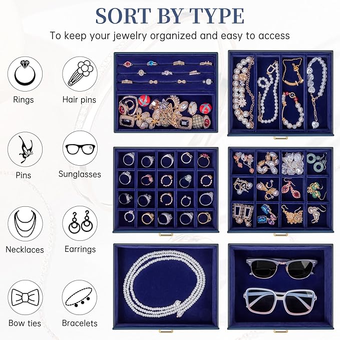 AKOZLIN Extra Large 6-Tier Jewelry Box Organizer Functional Huge, 5 Drawers Leather Jewelry Storage Case for Women Girls Ring Necklace Earring Bracelet Holder Organizer with Mirror Blue