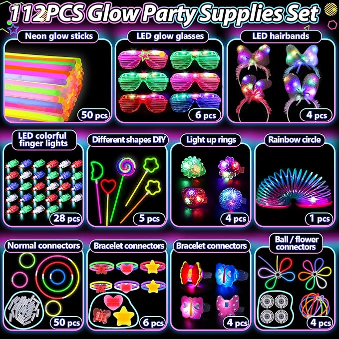 112PCS Glow in the Dark Party Supplies for Kids Adults, Light Up Party Favors with Light Up Glasses, 50 Glow Sticks Bulk Pack for DIY Bracelets Necklaces, Neon Party Supplie Decorations for Hallowee