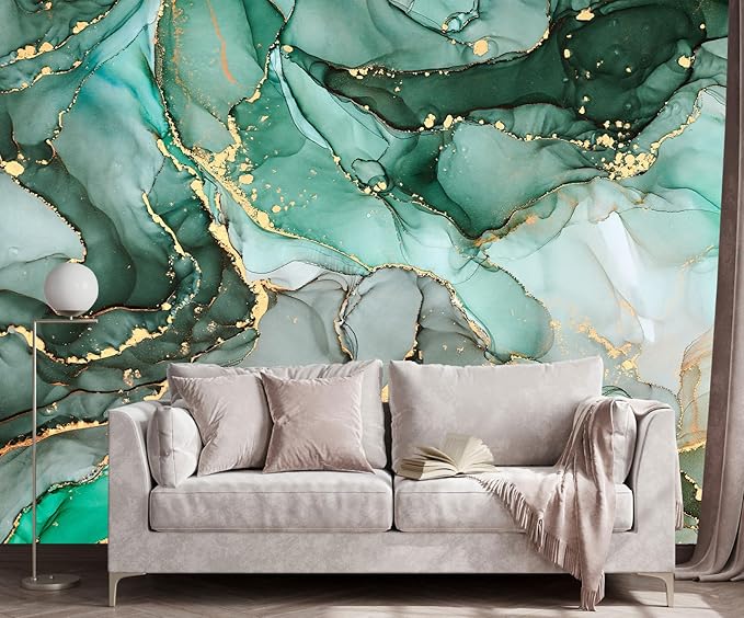 Green Marble Wallpaper Abstract Fabric Wall Mural for Living Room Bedroom Dining Room Basement(Not Self-Adhesive)