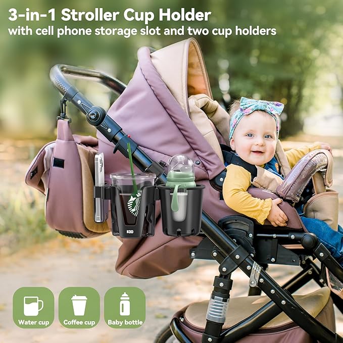KDD Stroller Cup Holder with Phone Holder, 3-in-1 Removable Bottle Holder, 360 Degrees Rotation Drink Holder for Wheelchair, Stroller, Bike, Walker, Scooter, Bicycle, Uppababy, Bugaboo, Britax