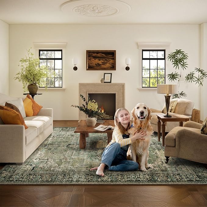 6x9 Area Rugs for Living Room: Washable Bedroom Rug Boho Vintage Rugs Stain Resistant Non Slip Low Pile Soft Lightweight Carpet for Kitchen Dining Room Farmhouse Nursery Kids Room