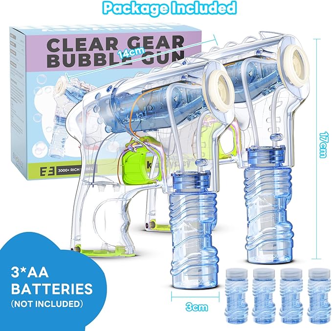 Kid Odyssey 2 Pack Bubble Gun with 4 Refill Solution and 3 Colorful LED Light, Bubble Machine for Kids, Bubble Maker for Party Favors, Birthday Gift, Indoor Outdoor Toys for Toddlers