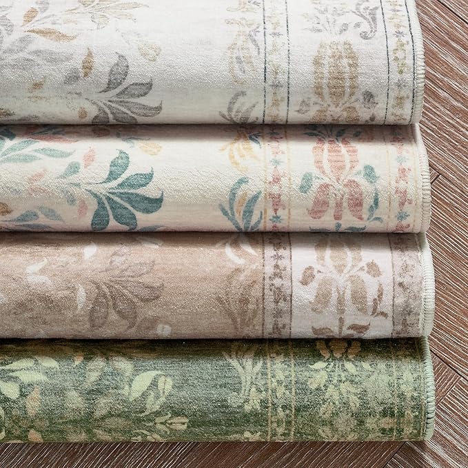 jinchan Vintage Floral Runner Rug 2x6 - Machine Washable Distressed Design Non-Slip Low-Pile Soft Thin Carpet for Hallway Kitchen Farmhouse Bedroom Entryway Laundry Room (2x6ft,Dark Green)