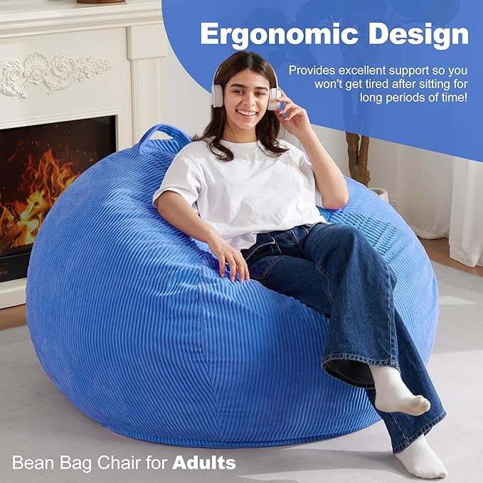 Homguava 3.5FT Bean Bag Chair: Teardrop Bean Bags with Memory Foam Filled, Compact Beanbag Chairs Soft Sofa with Corduroy Cover (Blue)