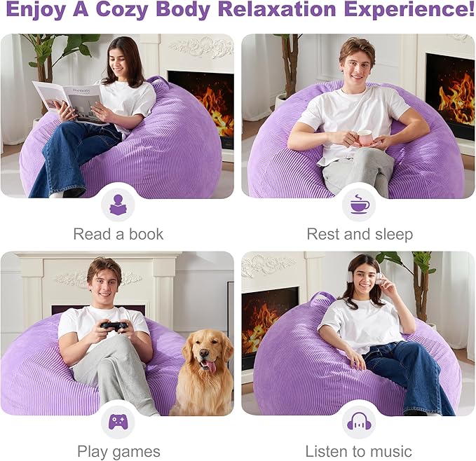 Homguava 3.5FT Bean Bag Chair: Teardrop Bean Bags with Memory Foam Filled, Compact Beanbag Chairs Soft Sofa with Corduroy Cover (Purple)