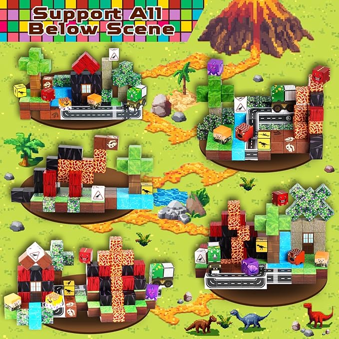 Goody King Dinosaur Volcano Magnetic Block World |100PCS Dinosaur Magnetic Block Cubes,STEM Montessori Sensory Toys for Toddlers Kids Boys Girls Ages 3-5 6-8 Christmas Birthday Gifts