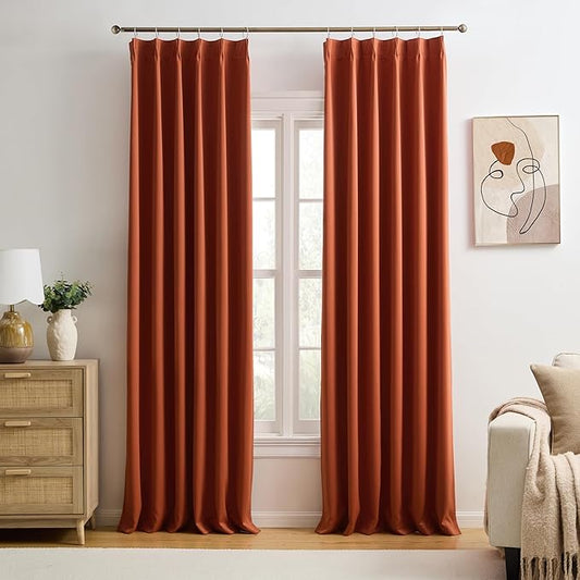 KEQIAOSUOCAI Extra Long Pinch Pleated Curtains 120 Inches Long 2 Panels Set, Pleat with Hooks, Thermal Insulated Blackout Window Drapes Rustic Curtain for Bedroom 40x120,Burnt Orange