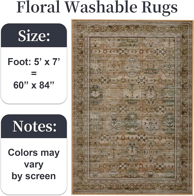 5x7 Washable Area Rug for Living Room Dining Room, Distressed Non Slip Vintage Floral Rugs for Bedroom, Traditional Indoor Floor Carpet for Dining Kitchen Farmhouse Olive/Charcoal