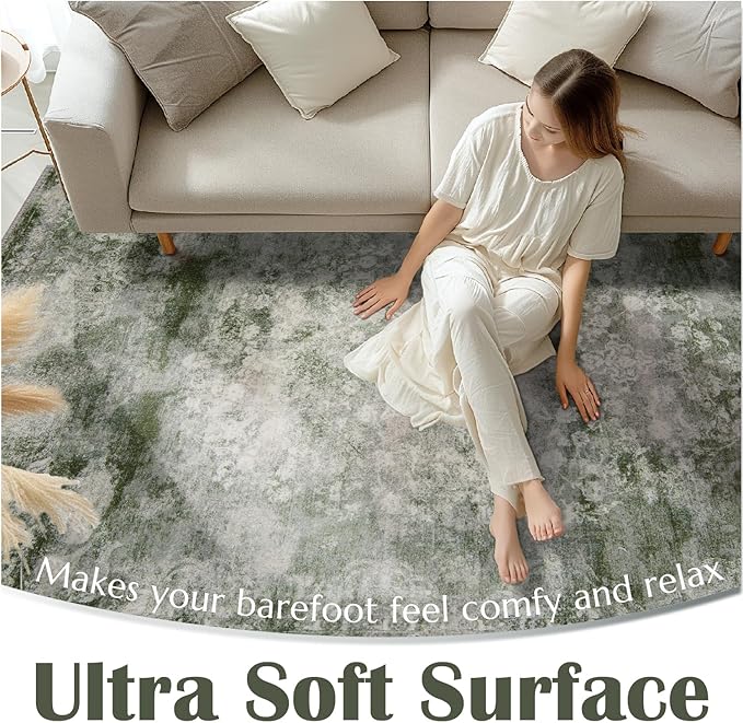 jinchan Washable Area Rug 6x9 for Living Room - Soft Faux Wool Ultra-Thin Stain Resistant Non-Slip Distressed Vintage Floral Rug Large Carpet for Bedroom,Dining Room,Home Office,Nursery(Green, 6'x9')