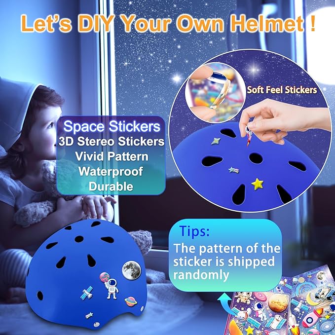 Kids Bike Helmet with DIY Stickers and Knee Pads Elbow Pads Wrist Guard Set for Ages 3-8-14 Toddler Boys Girls Helmet for Roller Skates Cycling Skateboarding Bicycle Scooter