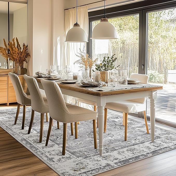 jinchan 9x12 Area Rugs for Living Room - Machine Washable Vintage Floral Distressed Design Stain Resistant Carpet Low Pile Non-Slip Large Rug for Bedroom Dining Room Home Office (9‘x12',Grey)