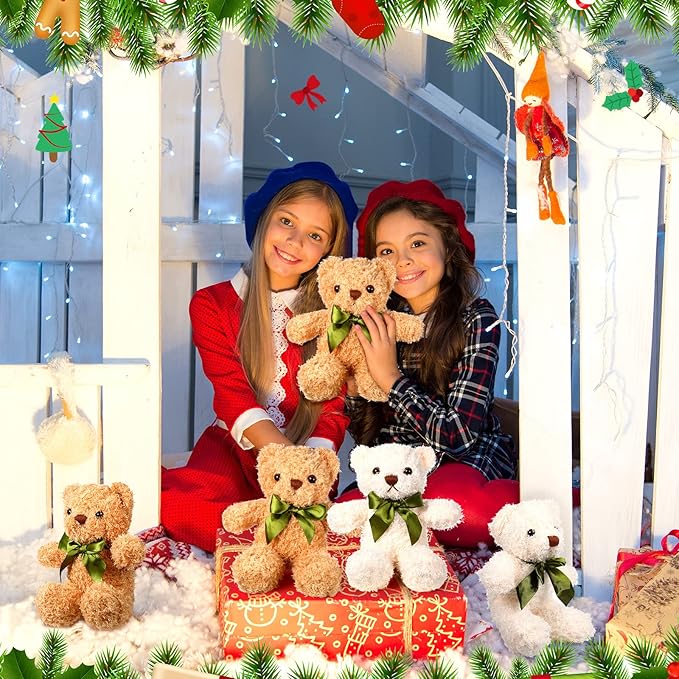 HyDren 12 Pack Bear Stuffed Animals 10 Inch Operation Christmas Bulk Items Small Bear Party Favors Plush Toys for Baby Shower Centerpiece Christmas Birthday Gifts(White, Light Brown)