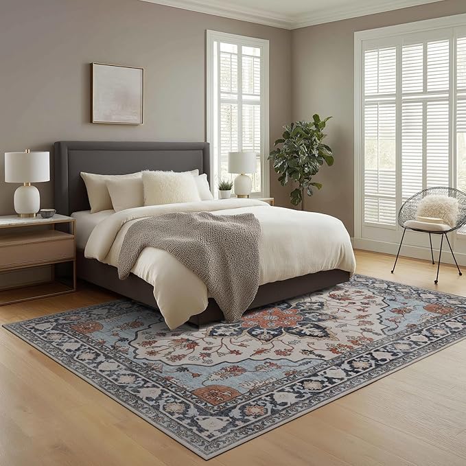 4x6 Washable Area Rug for Living Room, Carpet for Bedroom, Soft Faux Wool Retro Dining Room Rug, Non Slip&Non-Shedding Resistant Low Pile Vintage Print Rug for Home Office (Blue/Gray)