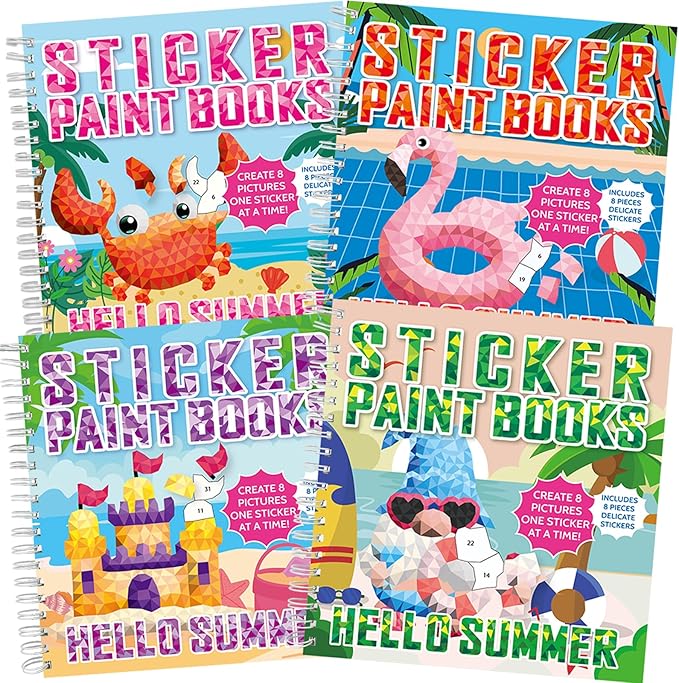 4Pcs Summer Paint by Sticker Books for Kids Ages 4-8 Hello Summer Sticker by Number Books Activity Book for Kids Age 3-5 Puzzle Book Craft Art Toddler Gift with Crab Flamingo Sand Castle 32 Pictures