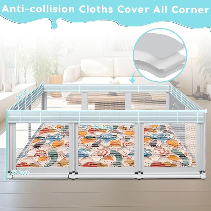 74" ×50" Large Baby Playpen, Baby Playard for Babies and Toddlers, Play Pens for Indoor & Outdoor, Sturdy Safety Play Yard with Soft Breathable Mesh, Anti-Fall, Grey (with MAT)