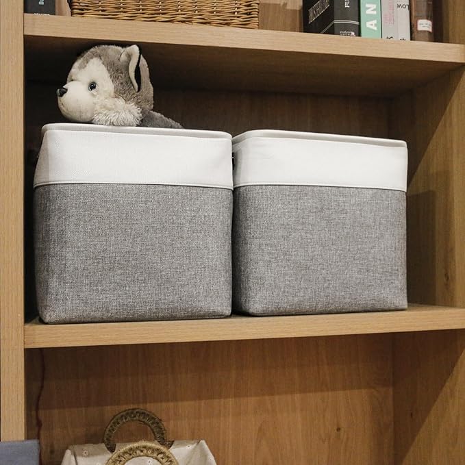 13x13 Cube Storage Bins, Collapsible Fabric Storage Box, 4 Pack Closet Baskets with Handles for Organizing, Shelf, Toys, Clothes, Home, Office, Nursery (Grey&White)