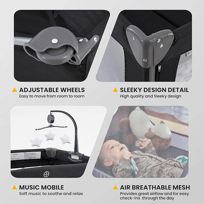 2-in-1 Pack and Play with Mattress,Baby Bassinet Bedside Sleeper, Bedside Bassinet & Baby Playpen, Easy Folding Portable Crib for Newborn to Toddlers (Dark Grey)