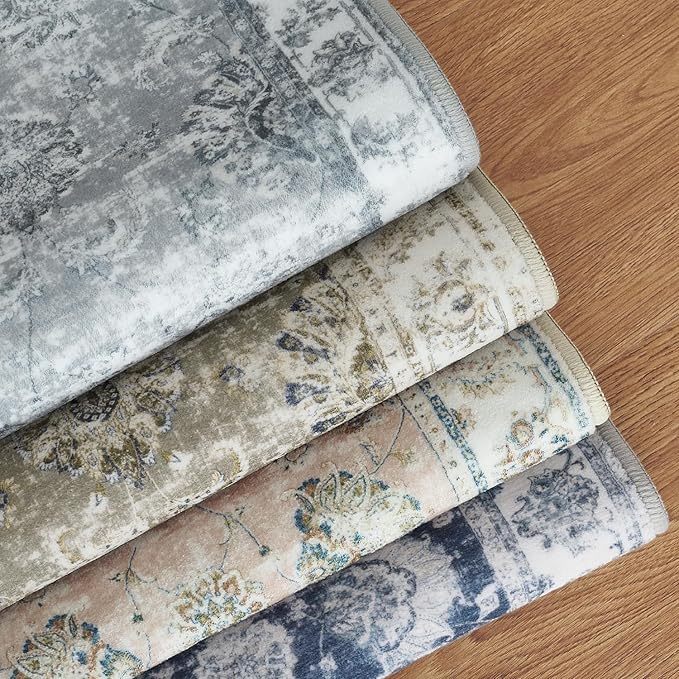 jinchan Hallway Runner Rug 3x8 Washable Runner - Vintage Floral Non Slip Low-Pile Soft Thin Faux Wool Kitchen Rug Distressed Carpet for Farmhouse Bedroom Laundry Room(3x8ft,Dark Blue)