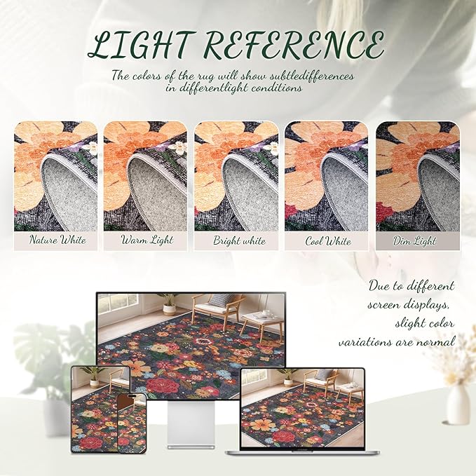 8x10 Area Rug for Living Room: Vintage Floral Washable Rug Soft Boho Non Slip Carpet Large Indoor Floor Non Shedding Low Pile Thin Carpets for Bedroom Dining Room Farmhouse Nursery Home Office Black