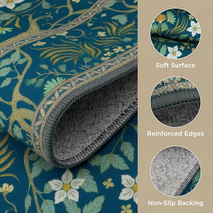 Joydeco Washable Large Area Rug 8x10, Boho Floral Rugs for Living Room Non Slip, Soft Low-Pile Botanical Forest Indoor Floor Throw Carpet for Dining Home Office Playroom, Dark Blue