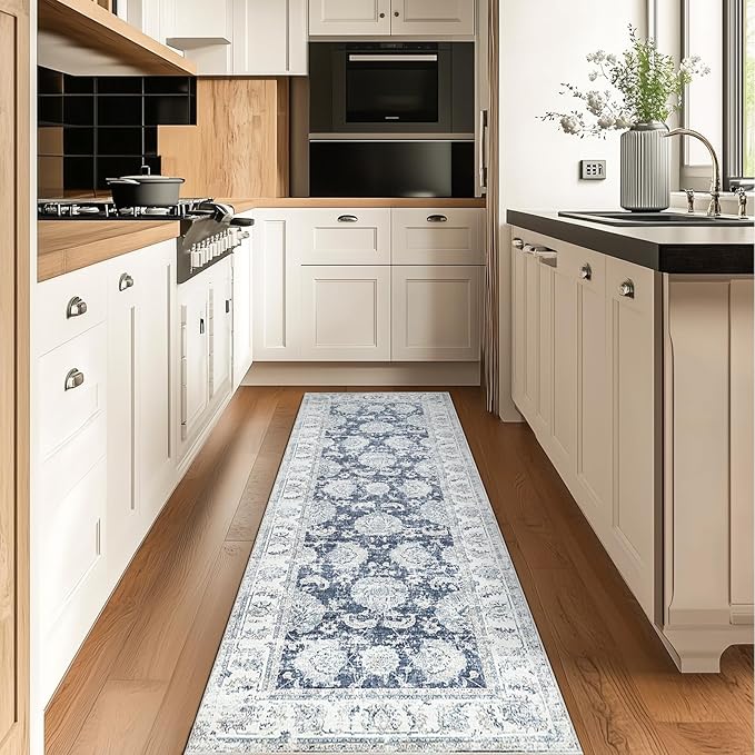 jinchan Runner Rug 2x6 Machine Washable Hallway Rug Dark Blue Vintage Floral Print Non-Slip Low Pile Ultra-Thin for Kitchen,Entryway,Laundry Room,Bedroom,Farmhouse (2‘x6’,Dark Blue)