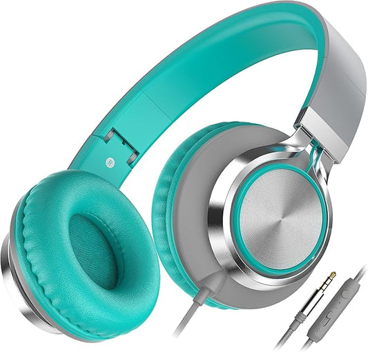 AILIHEN C8 Wired Headphones with Microphone and Volume Control Folding Lightweight Corded Headset for Cellphones Tablets Chromebook Phones Smartphones Laptop Computer PC Mp3/4 (Grey/Mint)