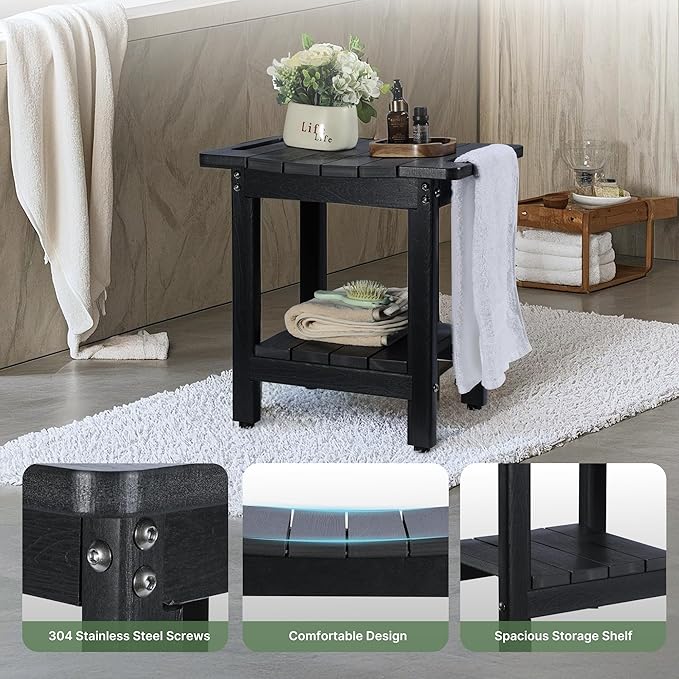 HDPE Shower Bench Seat Capacity 300LB, Waterproof Bathroom Stool with Side Carry Holes, Compact 16.8" L Design, Non-Slip Shower Seat for Elderly, Shaving Legs & Spa - Indoor/Outdoor Use(Black)
