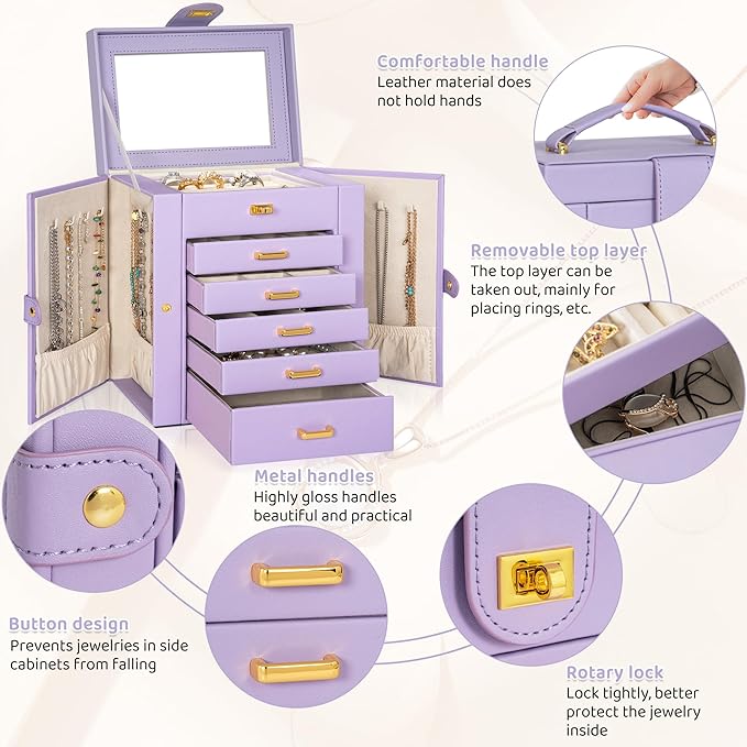 AKOZLIN Jewelry Box Organizer Functional Leather Jewelry Storage Case for Women Girls Ring Necklace Earring Bracelet Holder Organizer with Mirror Purple
