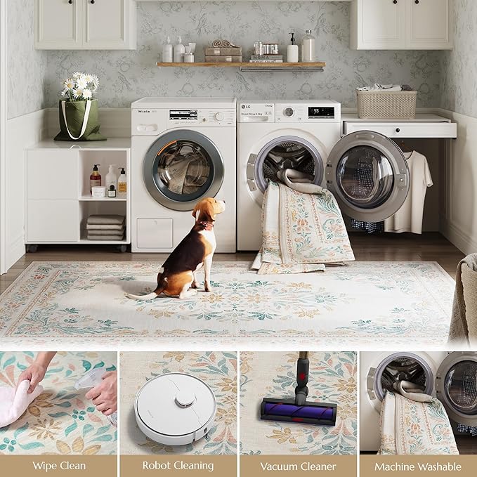 jinchan Vintage Floral 8x10 Area Rugs for Living Room - Machine Washable Distressed Design Soft Throw Rug Thin Non-Slip Large Carpet for Bedroom Nursery Dining Room Home Office(8x10ft,Apricot)