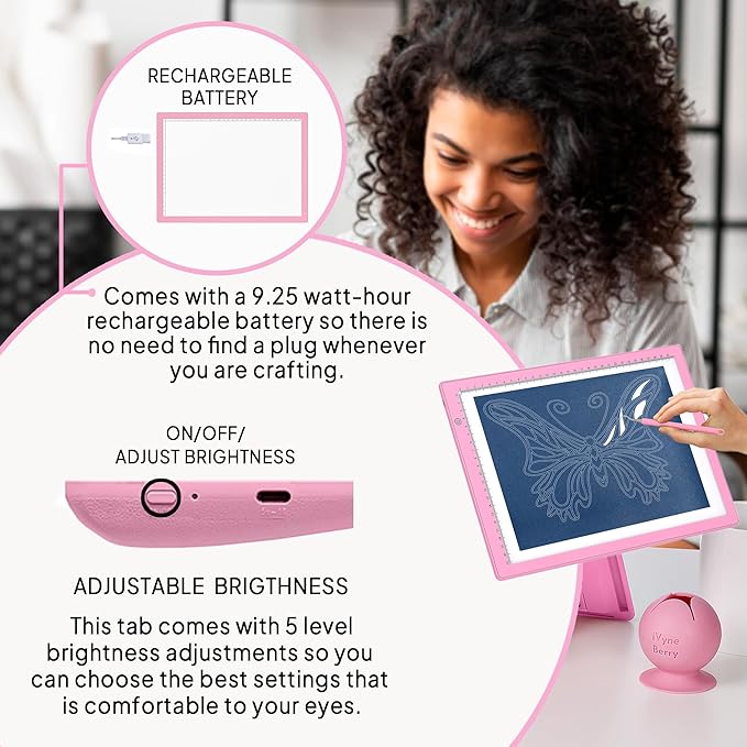 iVyne Rechargeable A4 Light Pad for Tracing & Weeding - LED Light Board for Weeding Vinyl - for Cricut Vinyl Weeding Tools - Ultra-Thin & Portable - Perfect for Artists & Crafters - Pink
