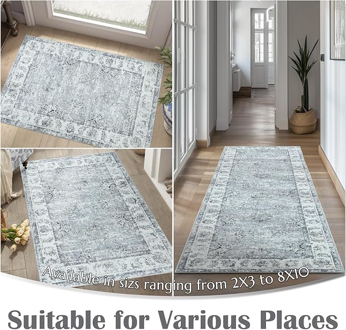 jinchan Runner Rug 2x6 Washable Hallway Runner - Vintage Floral Non Slip Low-Pile Soft Thin Kitchen Rug Distressed Carpet for Farmhouse Bedroom Entryway Laundry Room(2x6ft,Grey)