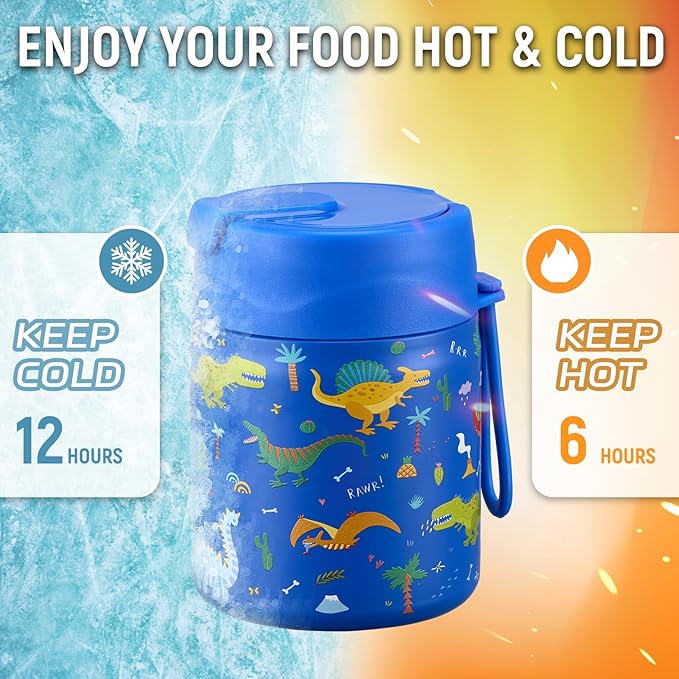 17oz Soup Thermo for Hot Food Kids Insulated Vacuum Food Jar with Stainless Steel Spoon Wide Mouth Thermo Leakproof Lunch Food Container Kids Hot Lunch Box (Blue-Dinasour)